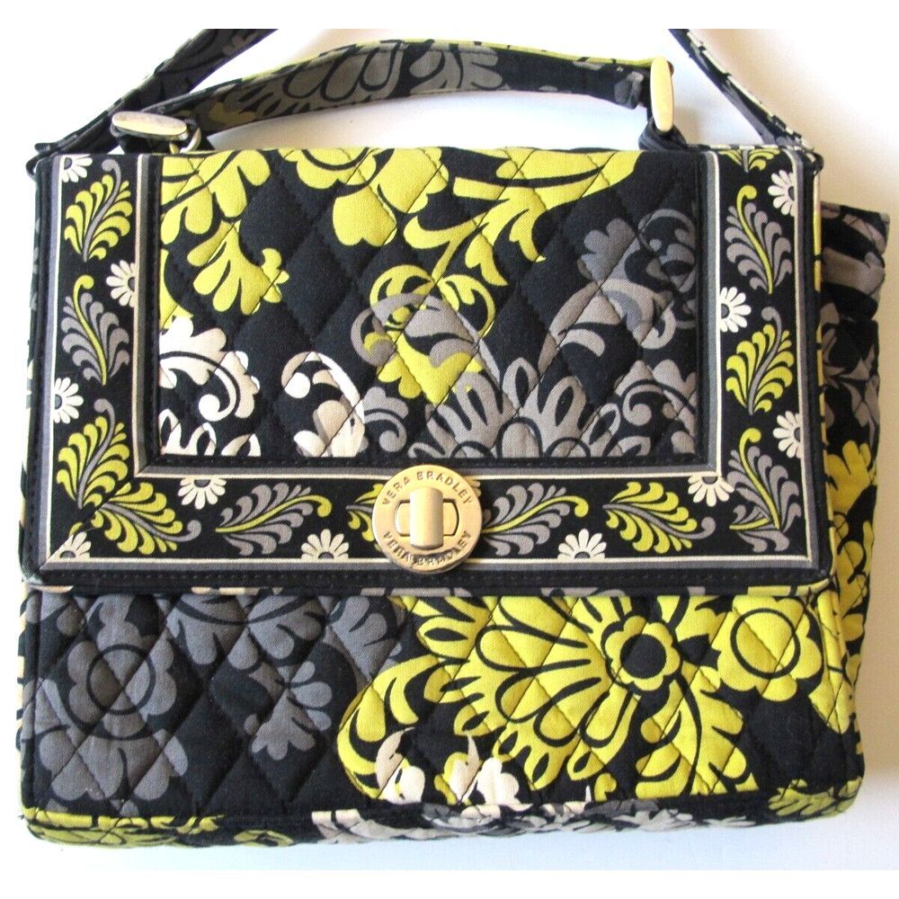 Vera Bradley Quilted Handbag Purse Black Yellow‎ Medium Size - Picture 2 of 13